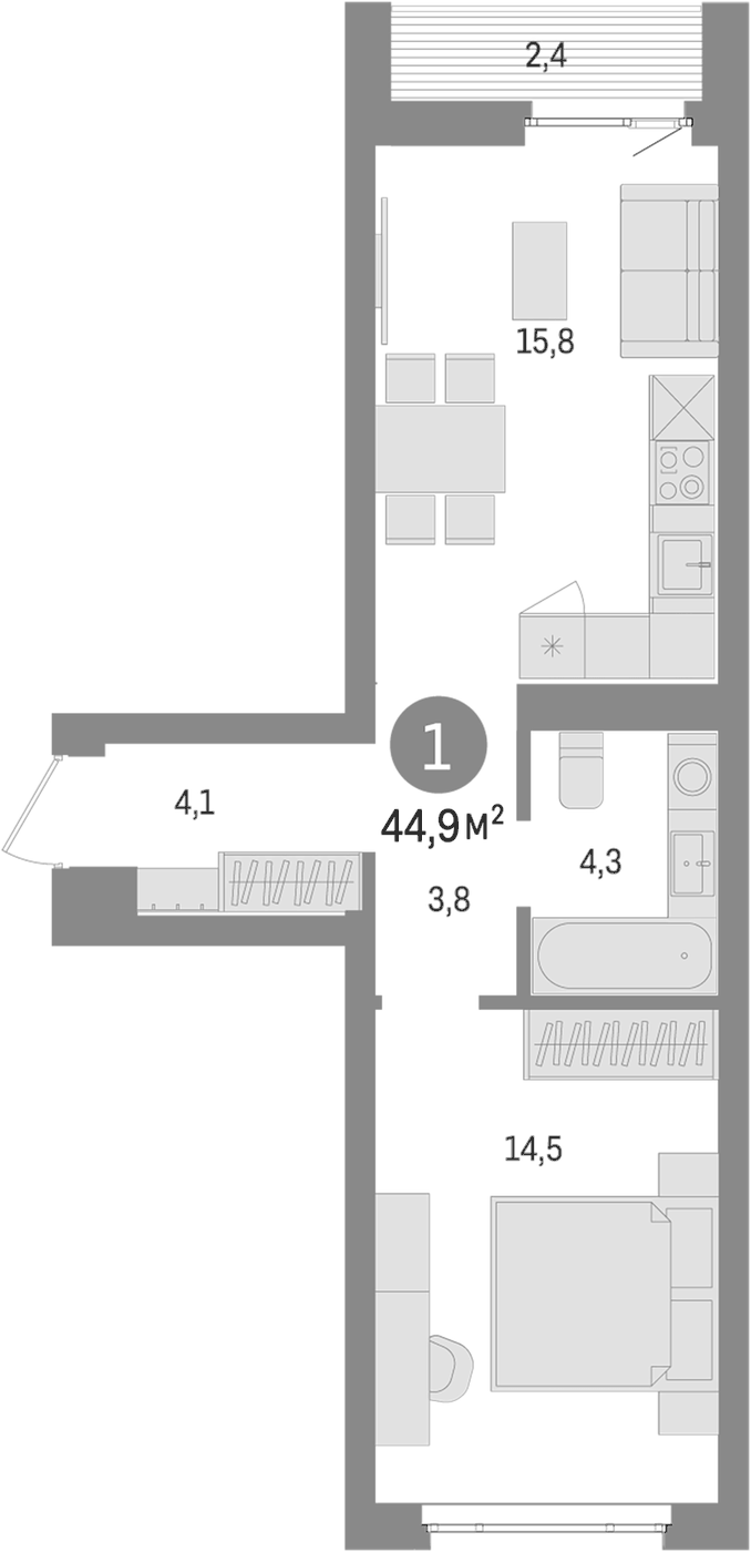 Планировка 1-к.кв, 44,9 м² в ЖК Траектория