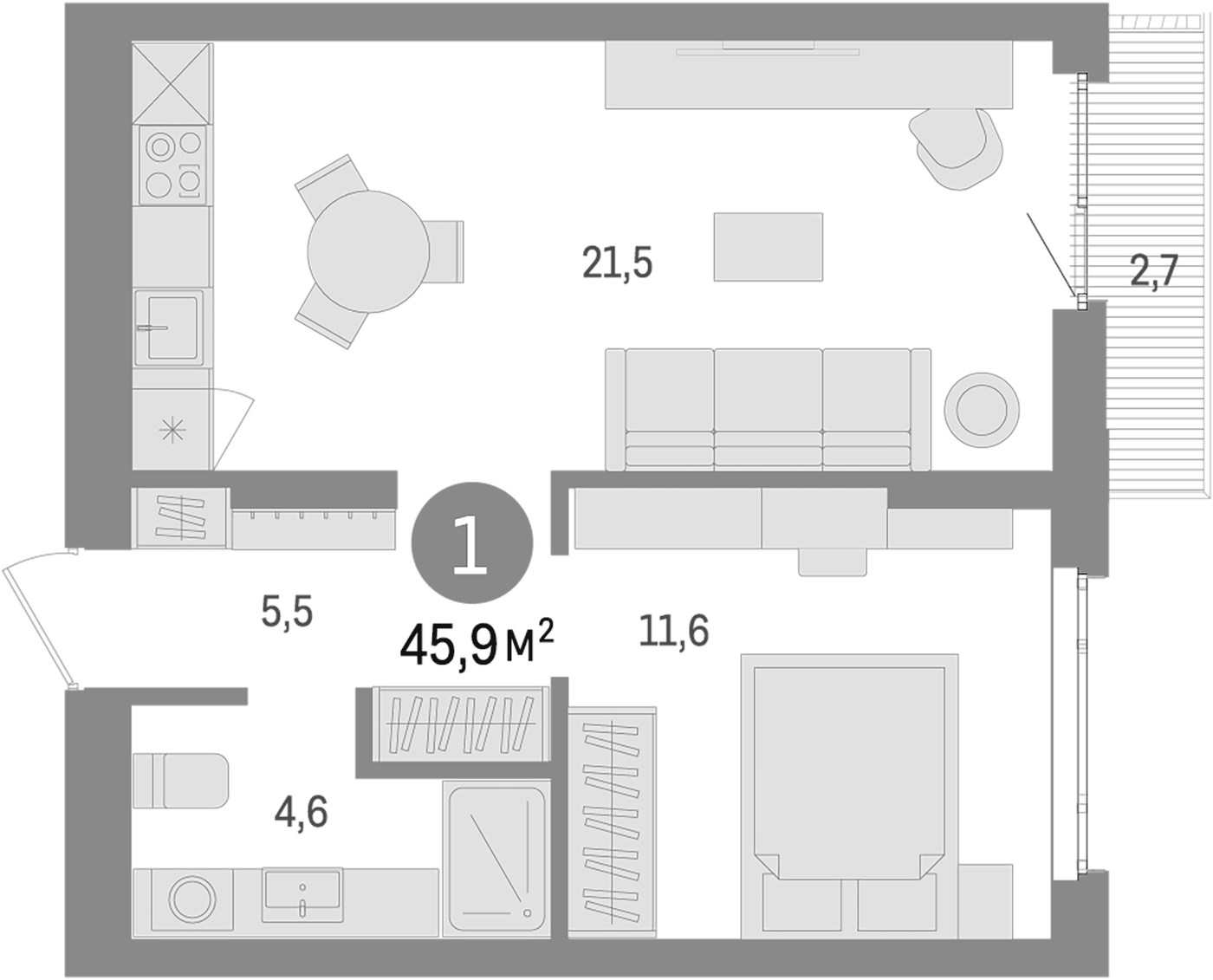 Планировка 1-к.кв, 45,9 м² в ЖК Траектория