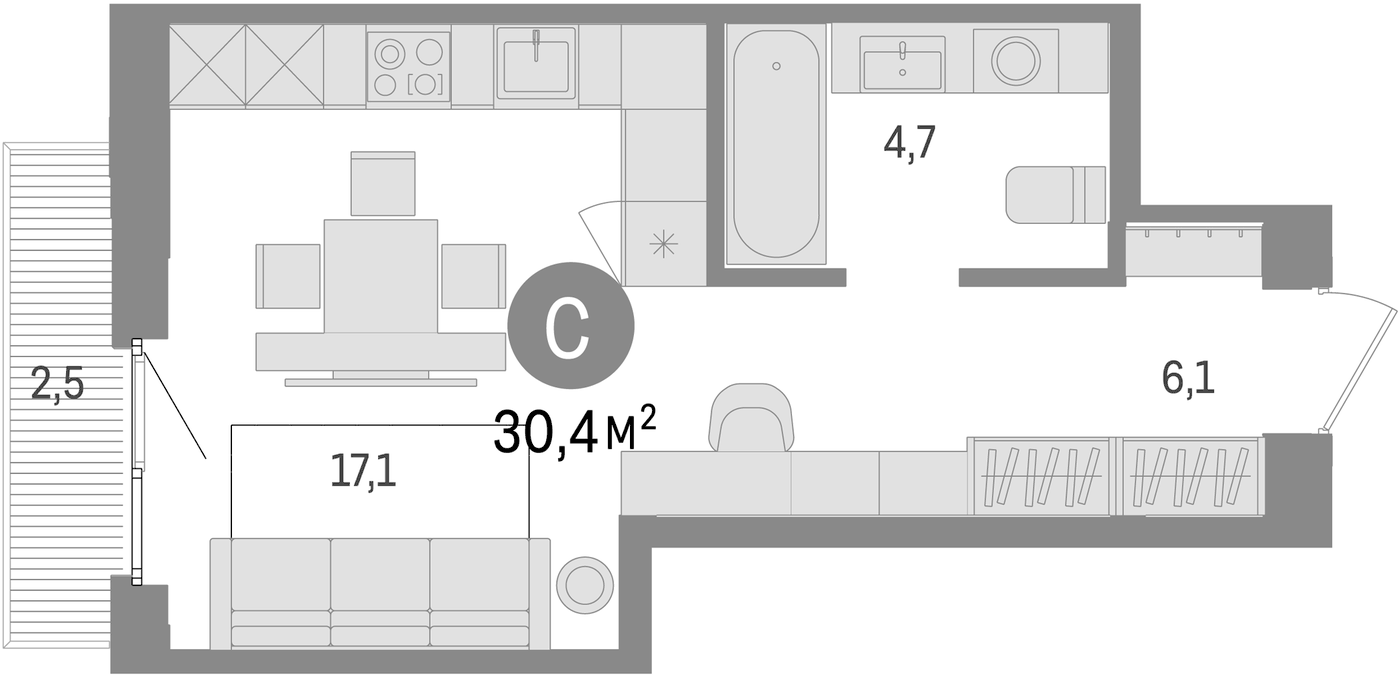Планировка Студия, 30,4 м² в ЖК Траектория