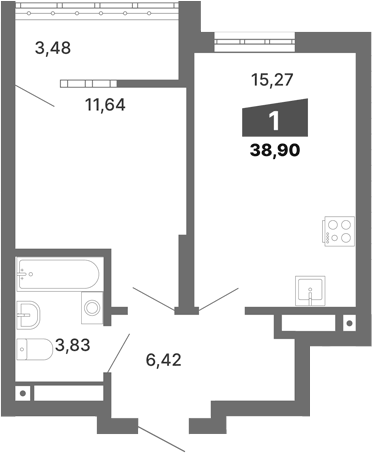 Планировка 1-к.кв, 38,9 м² в ЖК Трилогия