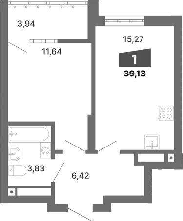 Планировка 1-к.кв, 39,13 м² в ЖК Трилогия