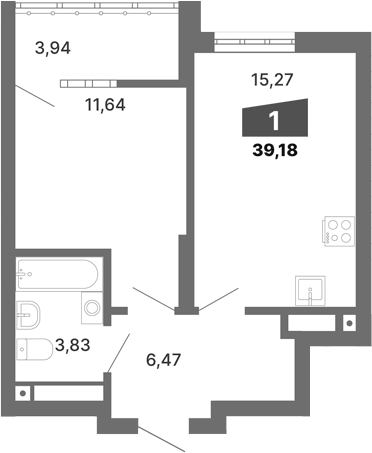 Планировка 1-к.кв, 39,18 м² в ЖК Трилогия