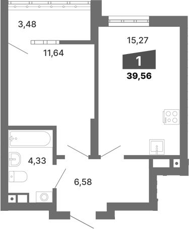 Планировка 1-к.кв, 39,56 м² в ЖК Трилогия