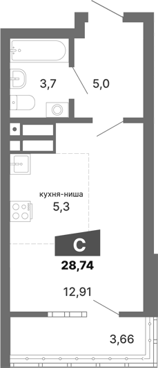 Планировка Студия, 28,74 м² в ЖК Трилогия