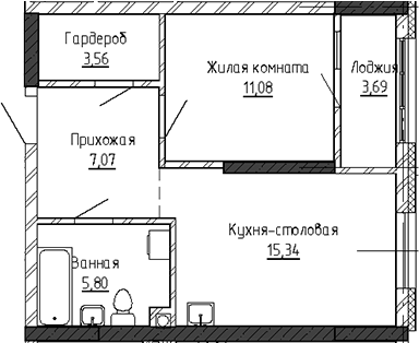 Планировка 2Е-к.кв, 46,54 м² в ЖК Твинс