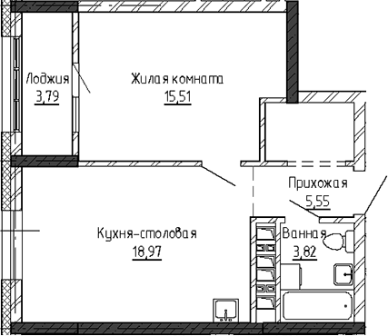 Планировка 2Е-к.кв, 47,64 м² в ЖК Твинс