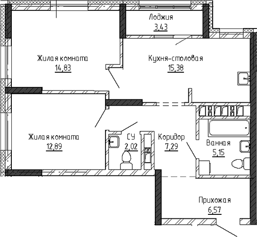 Планировка 3Е-к.кв, 67,56 м² в ЖК Твинс