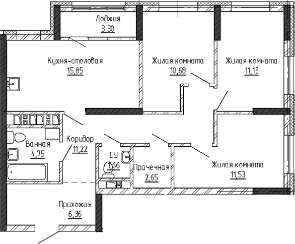 Планировка 4Е-к.кв, 79,13 м² в ЖК Твинс