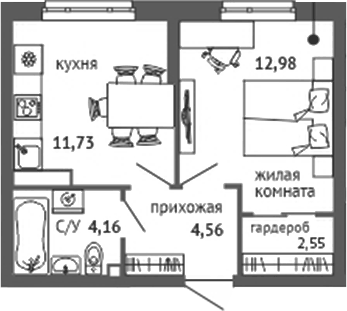 Планировка 1-к.кв, 35,98 м² в ЖК Университи
