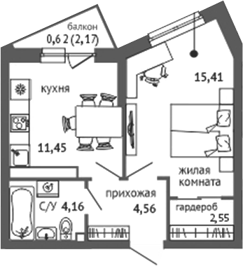 Планировка 1-к.кв, 38,75 м² в ЖК Университи