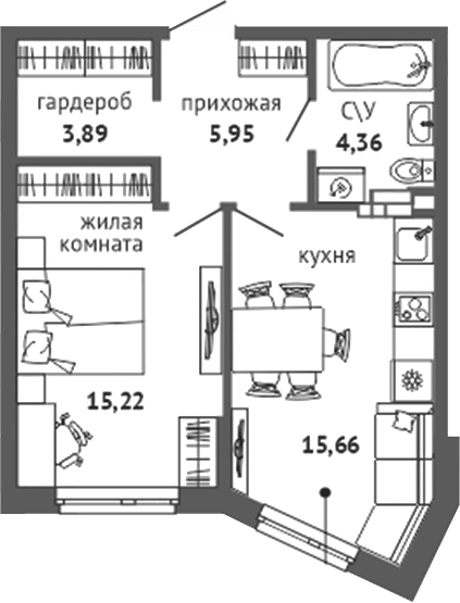 Планировка 1-к.кв, 45,08 м² в ЖК Университи