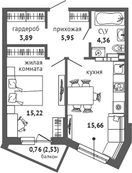 Планировка 1-к.кв, 45,84 м² в ЖК Университи