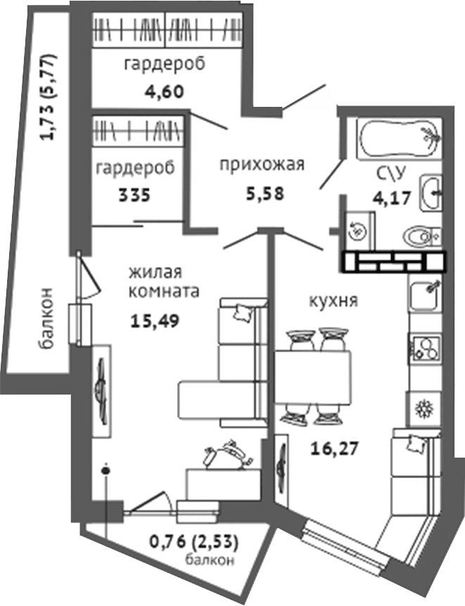 Планировка 1-к.кв, 51,95 м² в ЖК Университи