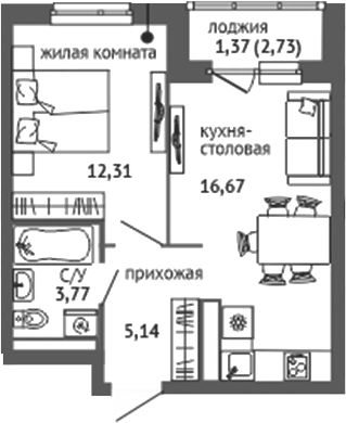 Планировка 2Е-к.кв, 39,26 м² в ЖК Университи