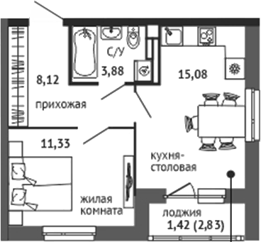Планировка 2Е-к.кв, 39,83 м² в ЖК Университи
