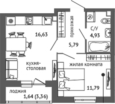 Планировка 2Е-к.кв, 40,78 м² в ЖК Университи