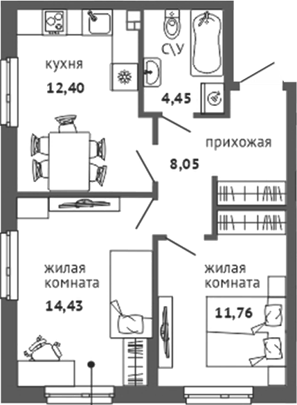 Планировка 2-к, 51,09 м² в ЖК Университи