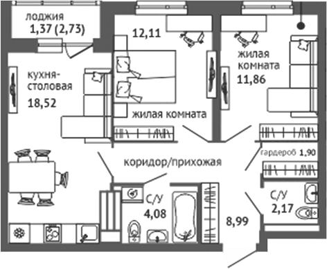 Планировка 3Е-к.кв, 61 м² в ЖК Университи