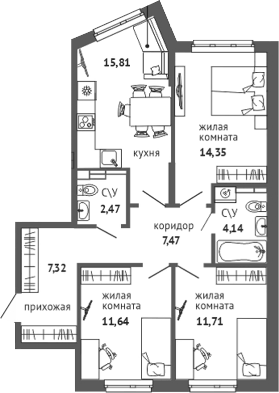 Планировка 3-к, 74,91 м² в ЖК Университи