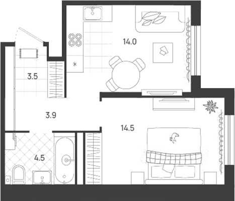Планировка 1-к.кв, 40,4 м² в ЖК Уралквартал