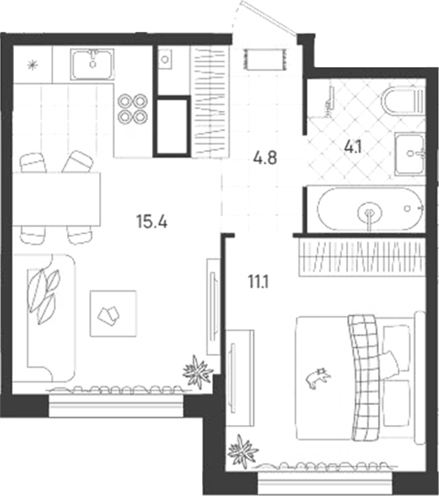 Планировка 2Е-к.кв, 35,4 м² в ЖК Уралквартал