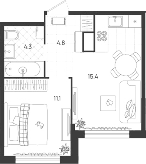 Планировка 2Е-к.кв, 35,6 м² в ЖК Уралквартал