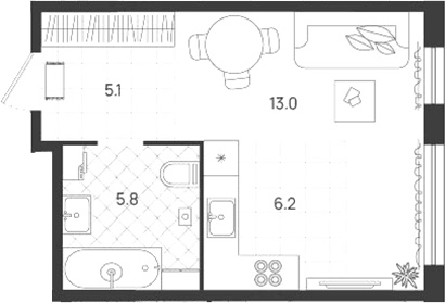 Планировка Студия, 30,1 м² в ЖК Уралквартал