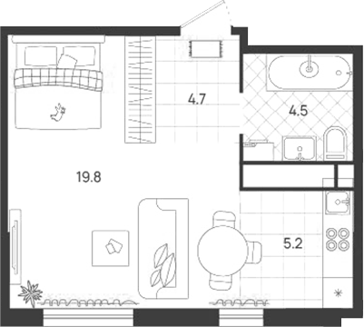 Планировка Студия, 34,2 м² в ЖК Уралквартал