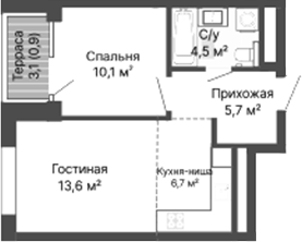 Планировка 1-к.кв, 41,5 м² в ЖК Уралмаш. Первый