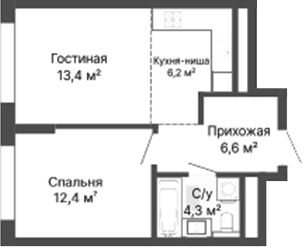 Планировка 1-к.кв, 42,9 м² в ЖК Уралмаш. Первый