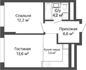 Планировка 1-к.кв, 44 м² в ЖК Уралмаш. Первый
