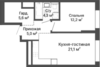 Планировка 1-к.кв, 48,2 м² в ЖК Уралмаш. Первый
