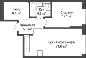 Планировка 1-к.кв, 49,3 м² в ЖК Уралмаш. Первый