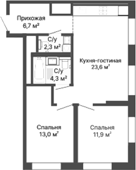 Планировка 2-к, 61,8 м² в ЖК Уралмаш. Первый