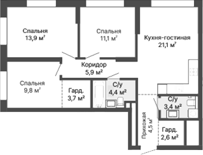 Планировка 3-к, 80,4 м² в ЖК Уралмаш. Первый