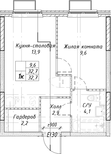 Планировка 1-к.кв, 32,7 м² в ЖК Утес