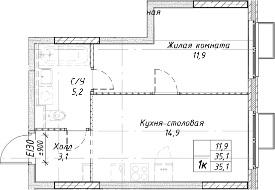 Планировка 1-к.кв, 35,1 м² в ЖК Утес