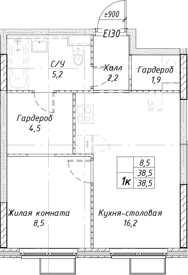 Планировка 1-к.кв, 38,5 м² в ЖК Утес