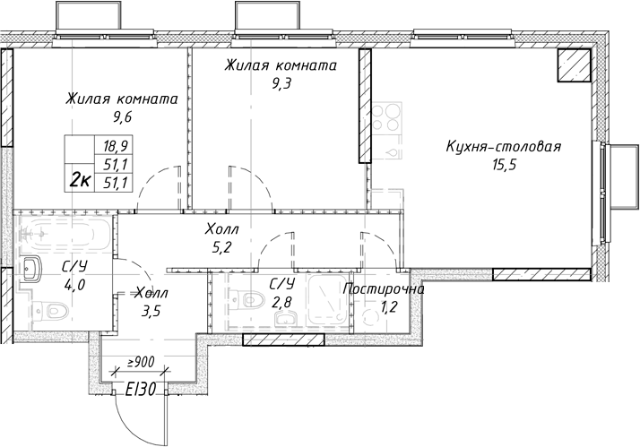Планировка 2-к.кв, 51,1 м² в ЖК Утес