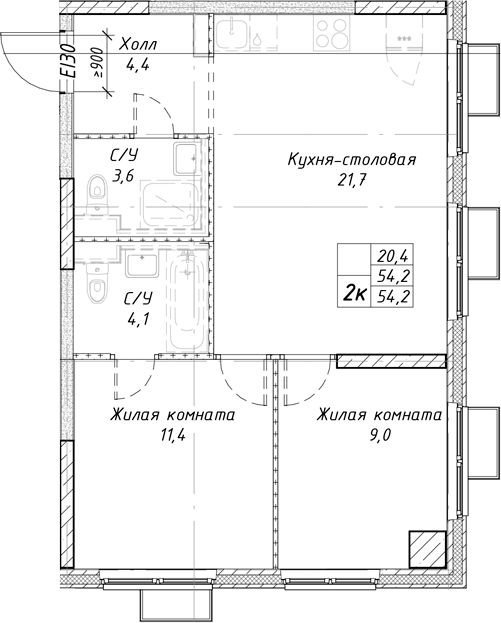 Планировка 2-к.кв, 54,2 м² в ЖК Утес