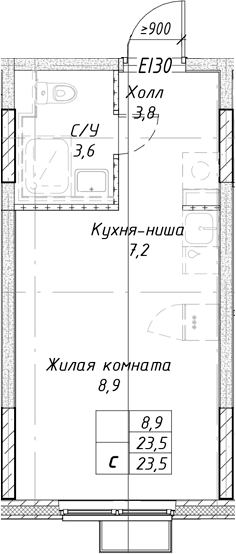 Планировка Студия, 23,5 м² в ЖК Утес