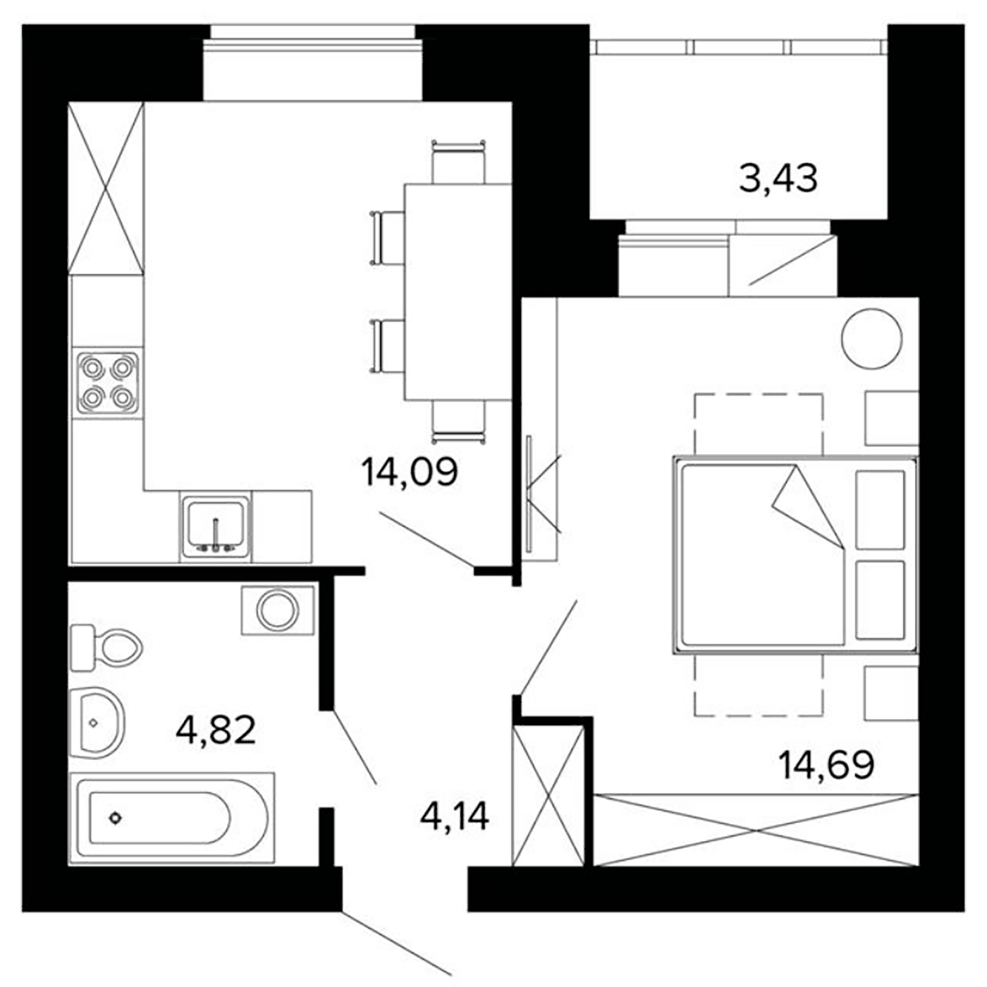 Планировка 1-к.кв, 41,5 м² в ЖК Уют-Сити