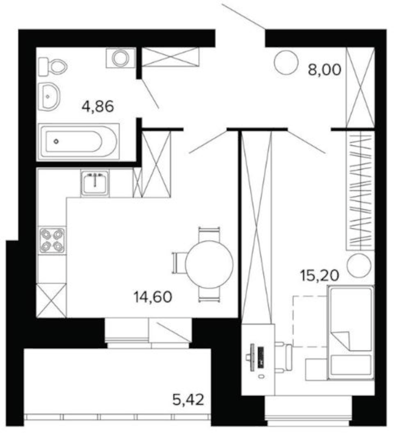 Планировка 1-к.кв, 48,5 м² в ЖК Уют-Сити