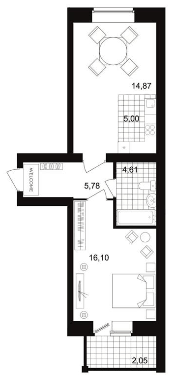 Планировка 2Е-к.кв, 50,7 м² в ЖК Уют-Сити