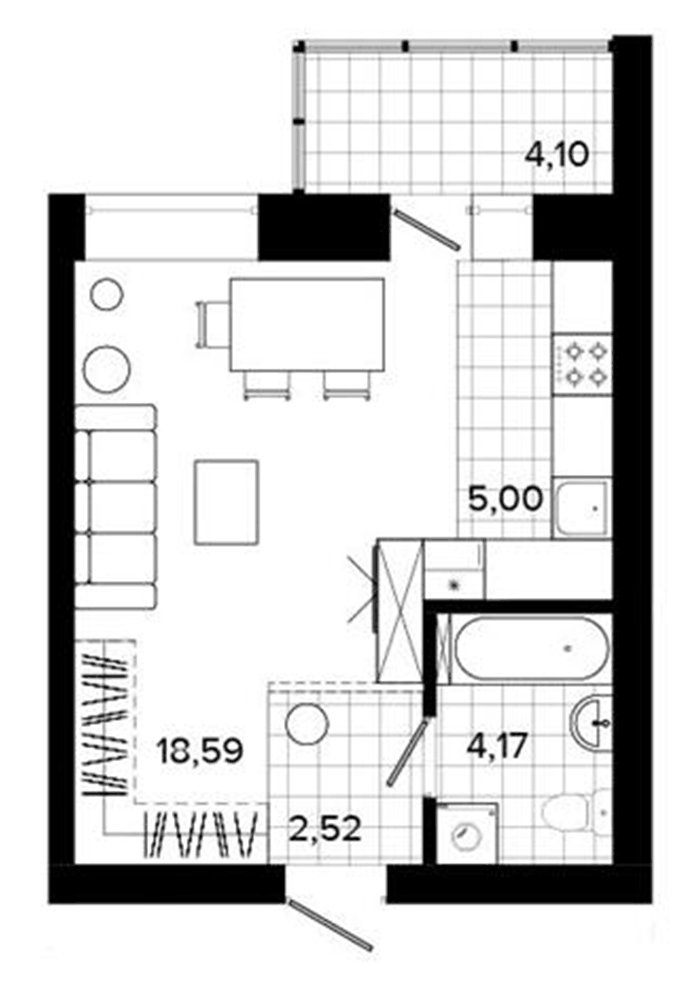 Планировка Студия, 34,3 м² в ЖК Уют-Сити