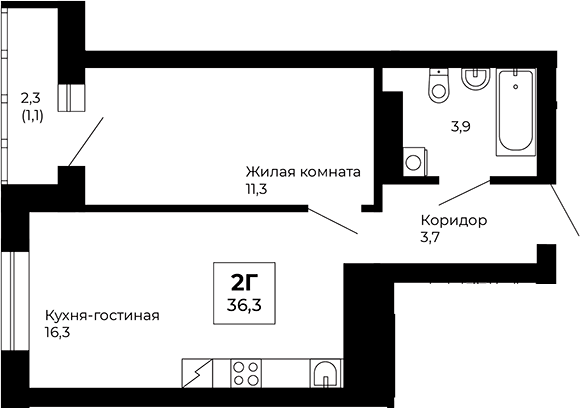 Планировка 1-к.кв, 36,3 м² в ЖК Веер парк