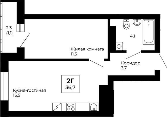 Планировка 1-к.кв, 36,7 м² в ЖК Веер парк