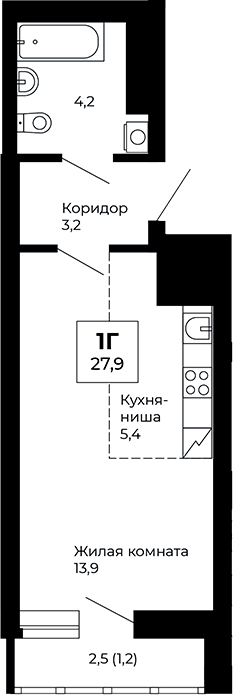 Планировка Студия, 27,9 м² в ЖК Веер парк