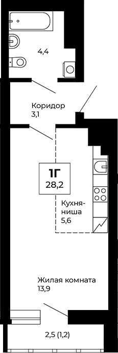 Планировка Студия, 28,2 м² в ЖК Веер парк