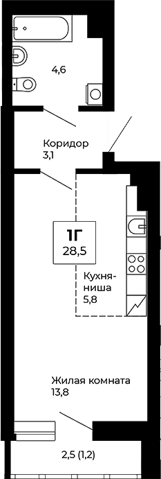 Планировка Студия, 28,5 м² в ЖК Веер парк